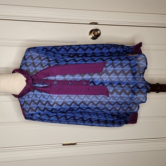 Hale Bob Tops - Hale Bob Blue and Purple Abstract Tie Neck Silk Top Size M